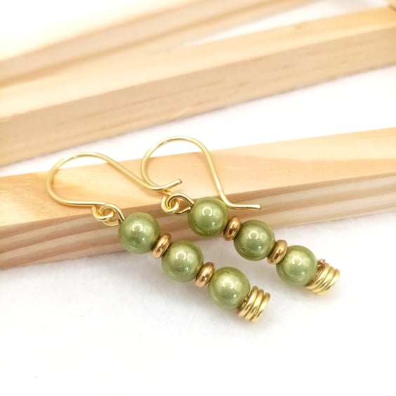 Miracle Bead Drop Earrings, Olive Green Earrings, 