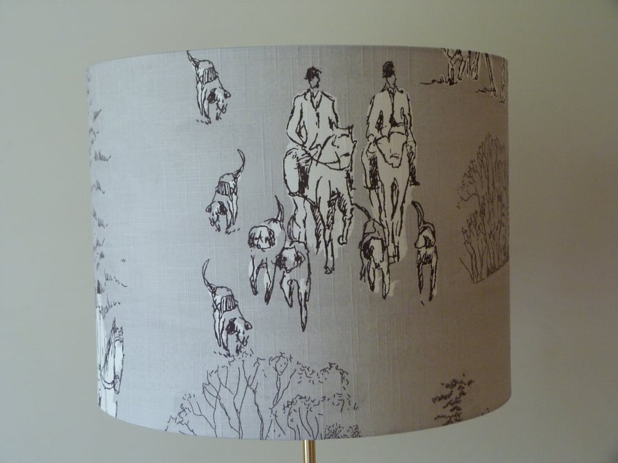 'Country House Meet' Horses and Hounds drum lampshade for a standard lamp
