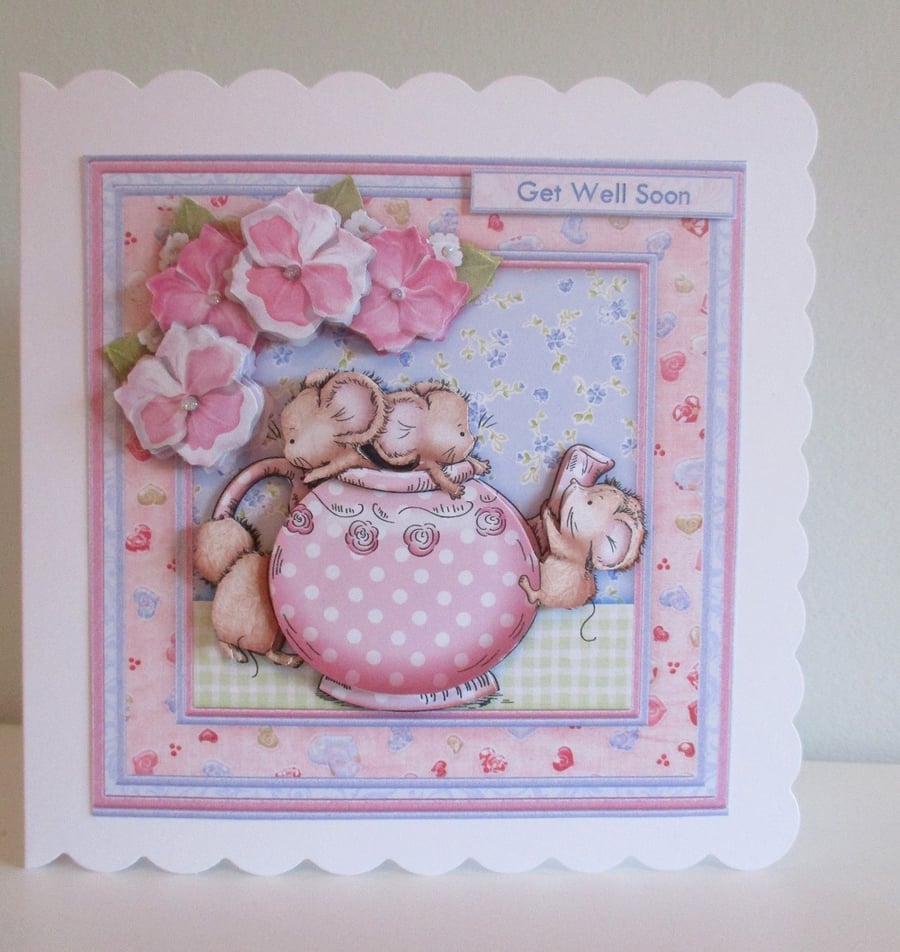 Decoupage, 3D Teapot and Cute Mice Greeting Card, Get Well, Birthday,personalise