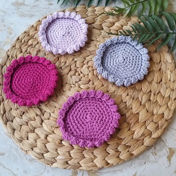 Sale Crochet Coasters Organic Cotton Set of 4 Lilac Shades