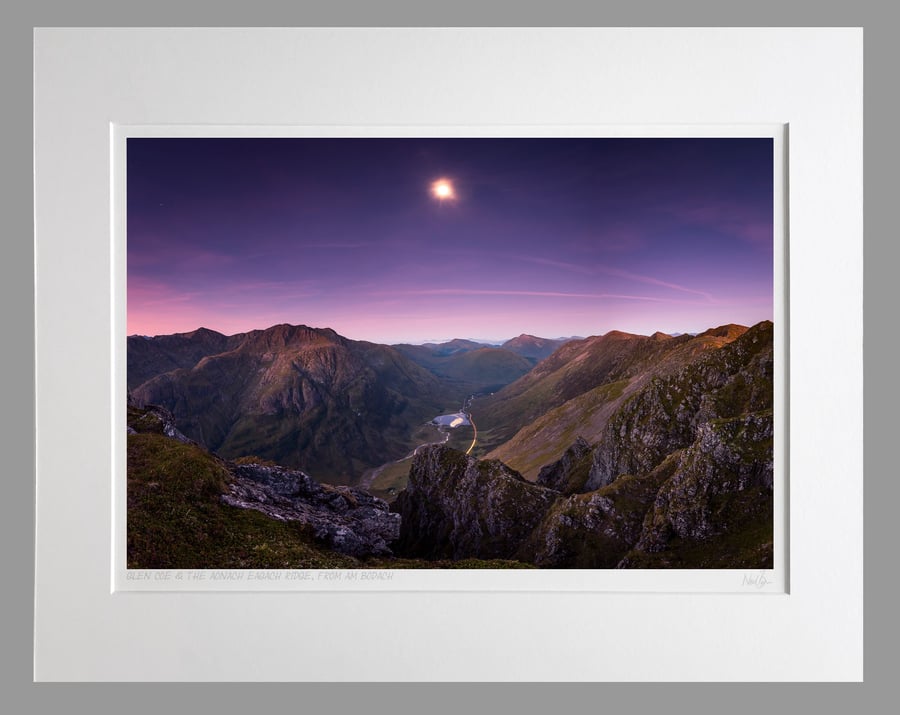 Moon over Glen Coe & Aonach Eagach Ridge at night - A3 (50x40cm) Unframed Print