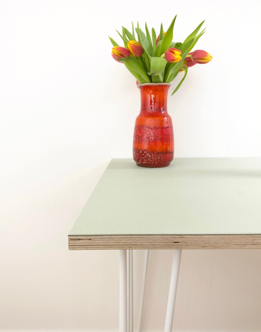 Birch ply and linoleum minimalist desk with hairpin legs.