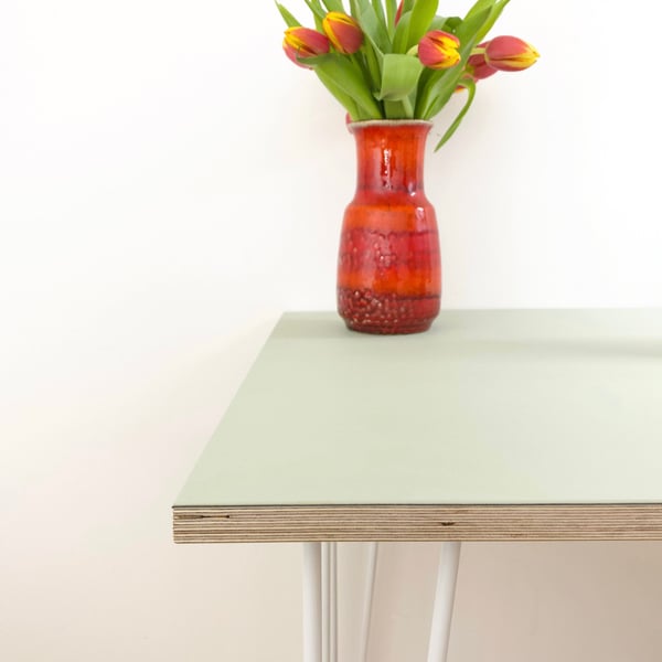 Birch ply and linoleum minimalist desk with hairpin legs.