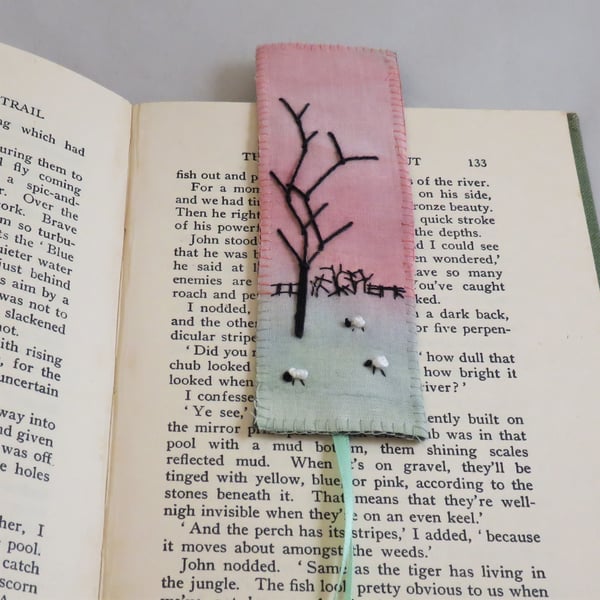 Winter Sunset - embroidered and painted bookmark