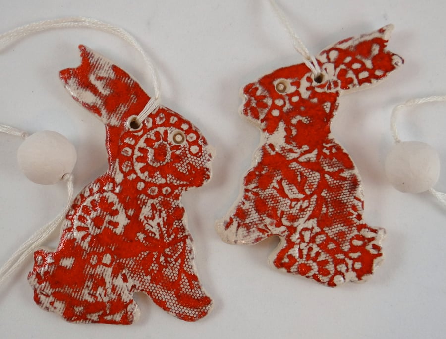 Ceramic Bunny Decorations in Red - Handmade Pottery