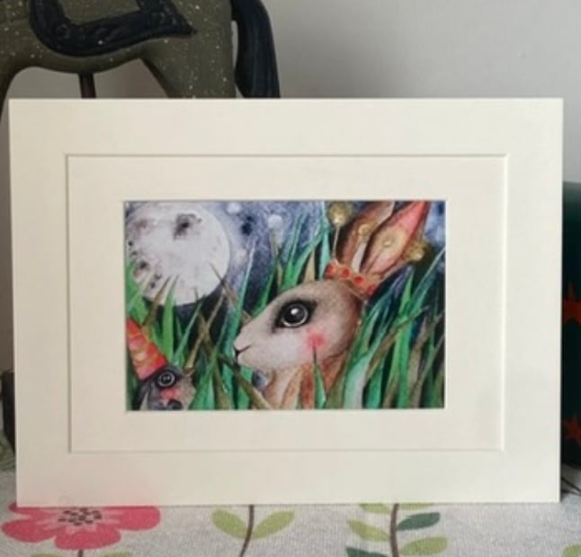 Mounted Whimsical Hare Rabbit with Bird Robin in Moonlight Watercolour Edition 
