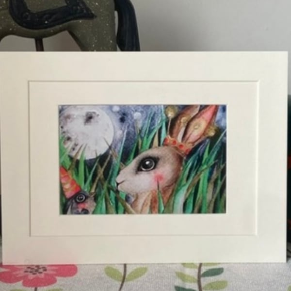 Mounted Whimsical Hare Rabbit with Bird Robin in Moonlight Watercolour Edition 