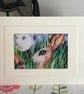 Mounted Whimsical Hare Rabbit with Bird Robin in Moonlight Watercolour Edition 