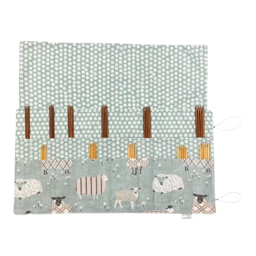 Double pointed knitting needle case with blue sheep, DPN Case, crochet hook case