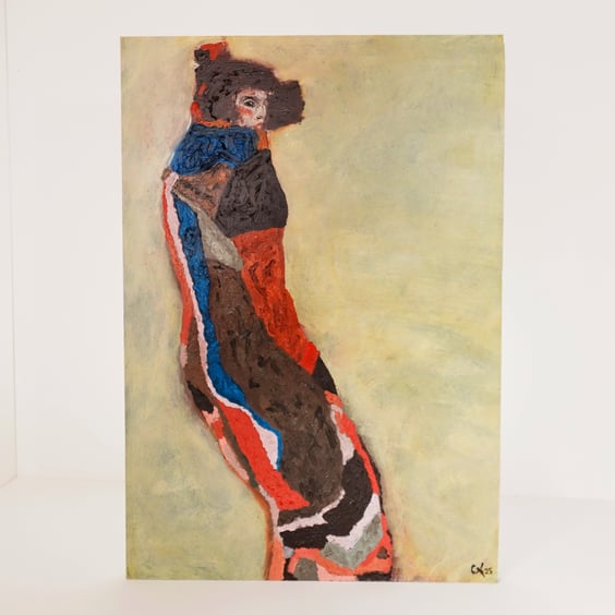 "Like Moa" Inspired by Schiele.  Oil Painting on wood panel 23x16in (59x41cm) 