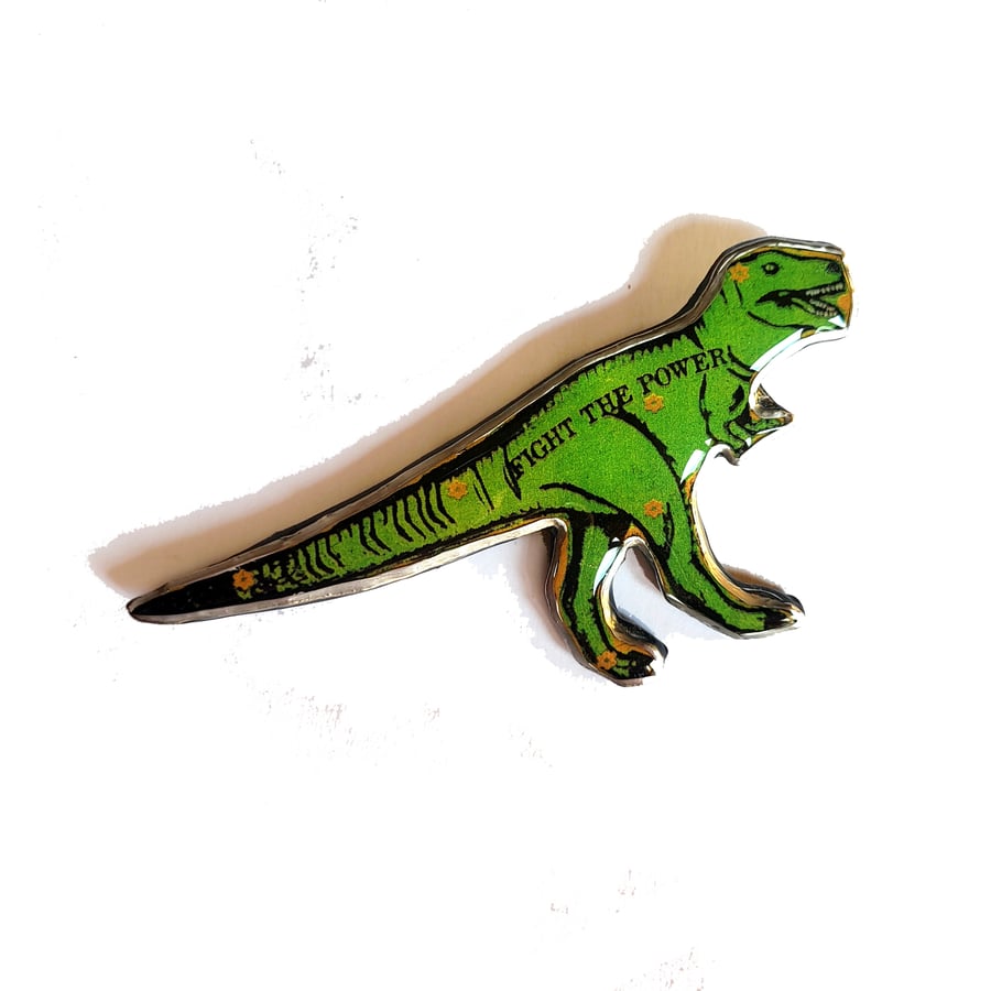 Amazing Green T Rex dinosaur Fight the Power Resin Brooch by EllyMental