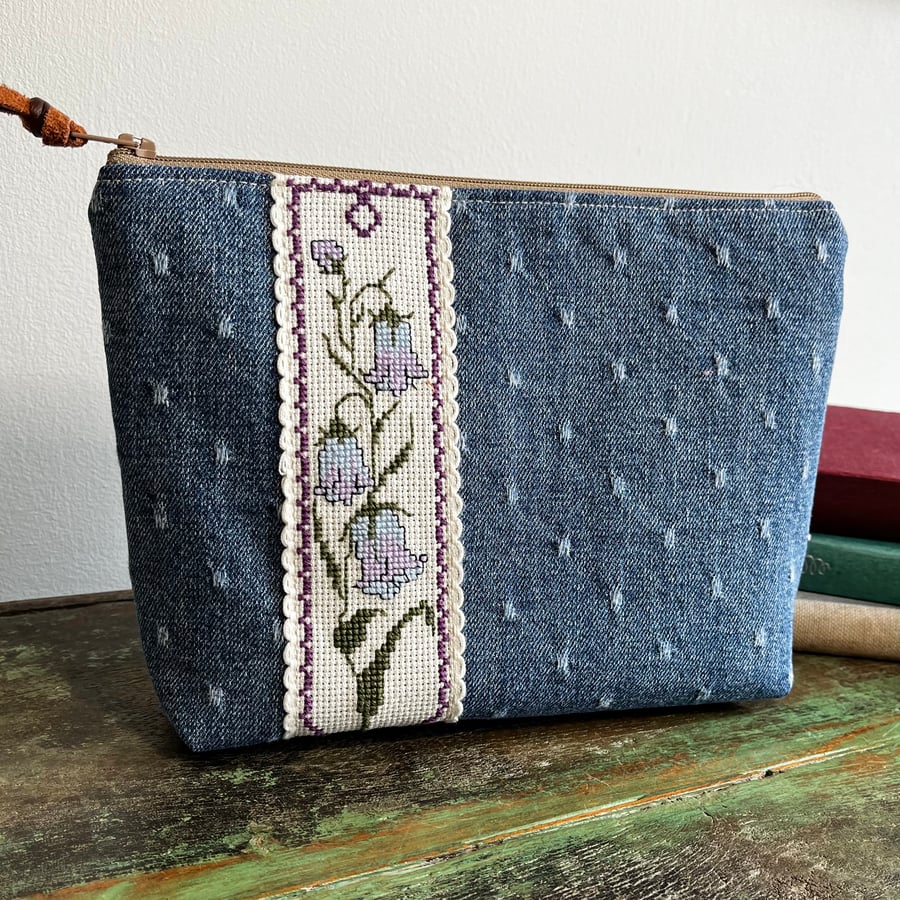 Bluebells and denim zip pouch repurposed cross stitch 
