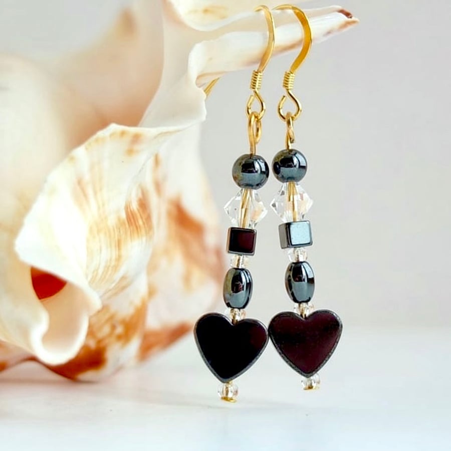 Hematite Heart and Clear Swarovski Crystal Drop Earrings - Seconds Sunday