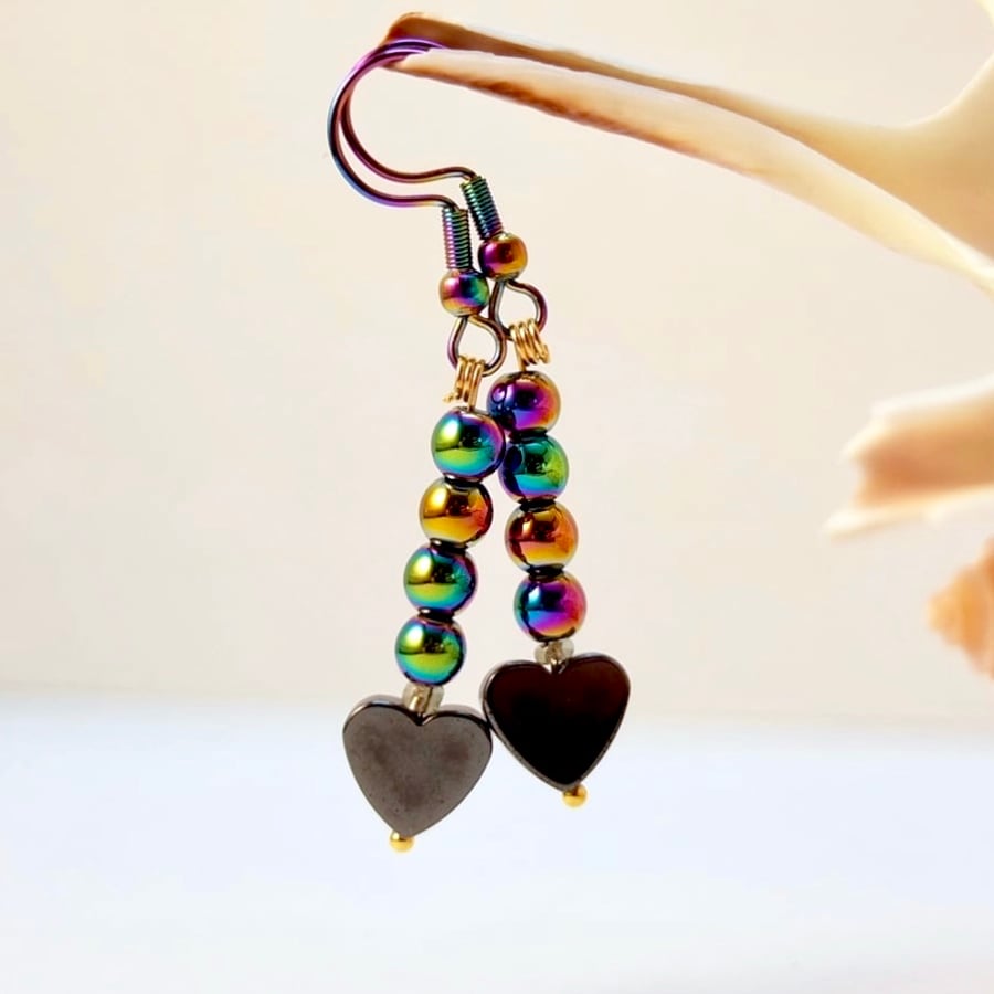 Hematite Heart & Rainbow Hematite Earrings On Rainbow Wires - Seconds Sunday
