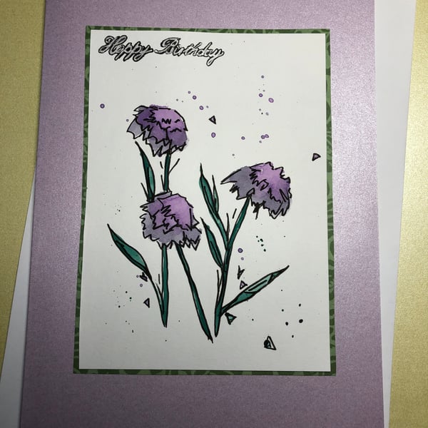 Handpainted purple puffy flower watercolour birthday card 
