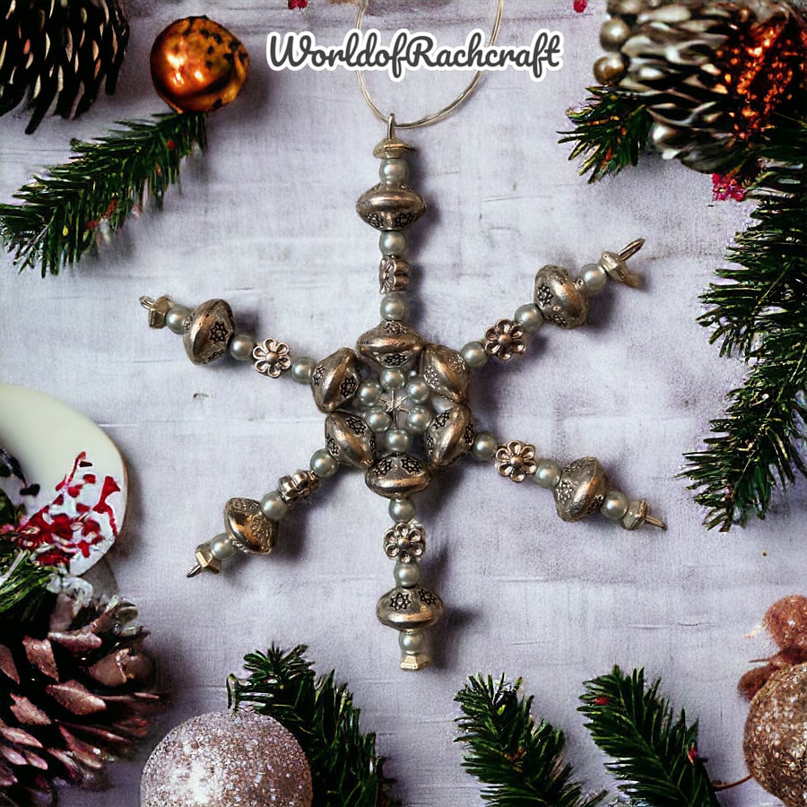 Silver beaded snowflake tree ornament