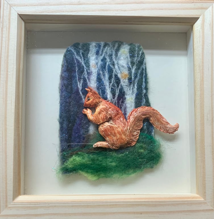 Red squirrel hand sculpted and felt landscape framed in a shadow box