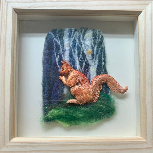 Red squirrel hand sculpted and felt landscape framed in a shadow box