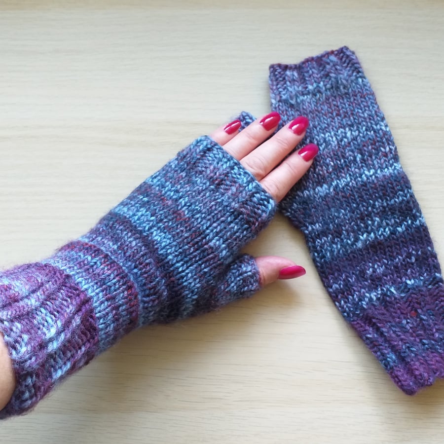 Purple Fingerless Gloves for Women, Hand Knitted Wrist Warmers