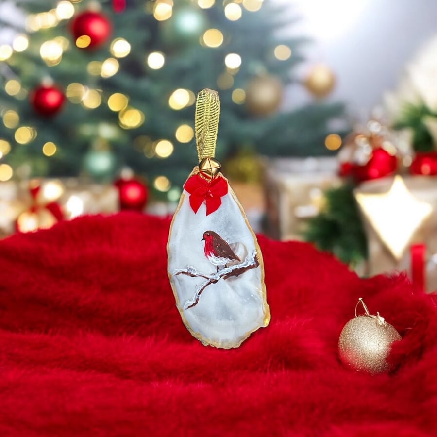 Christmas Oyster Shell Decoration - Hand Painted - No decoupage