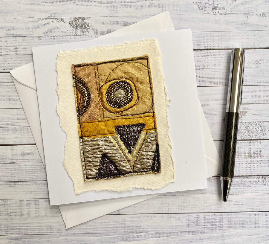 Up-cycled handmade fabric embroidered Klimt inspired art card. 