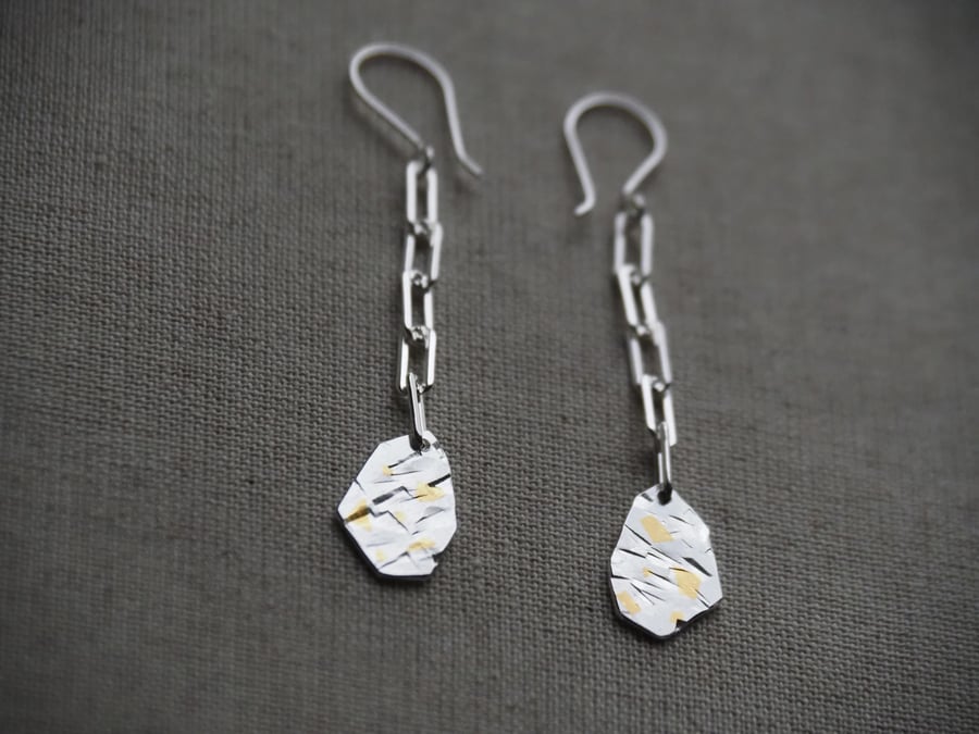 Geometric Silver Earrings with 24k Gold Leaf Accents