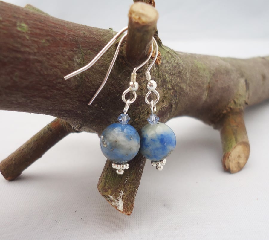 Lapis Lazuli and Swarowski Crystal Earrings, Simple Gemstone Earrings