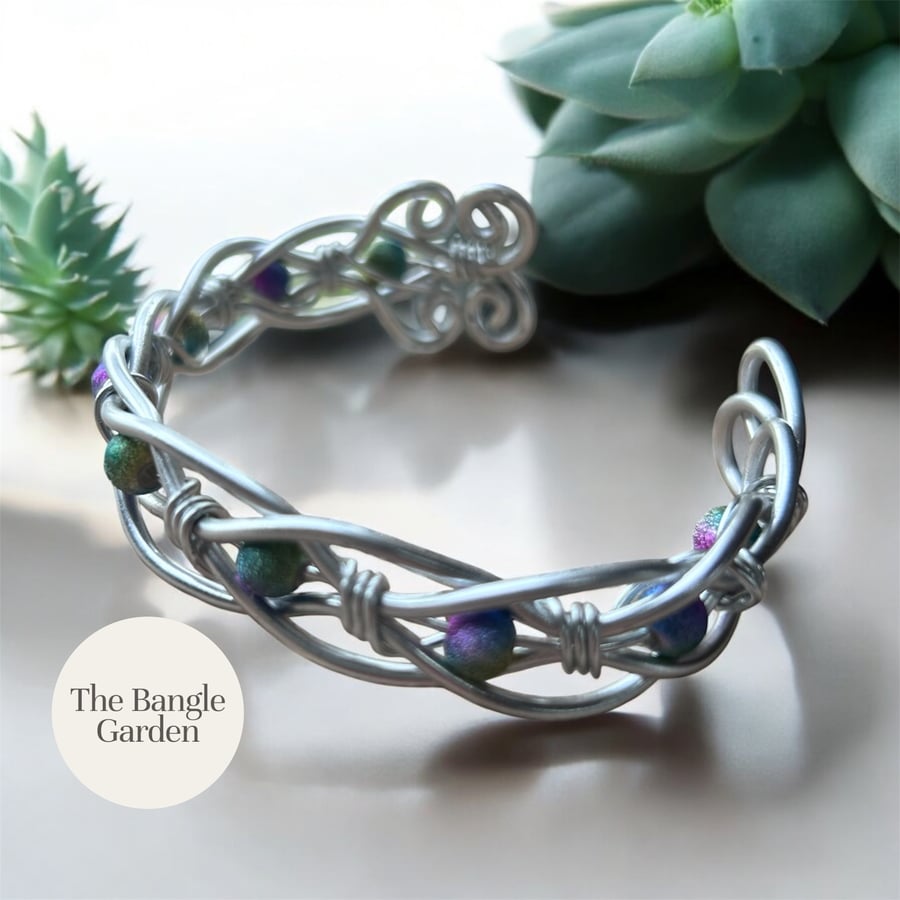 Wire wrapped silver & multicoloured bead bangle
