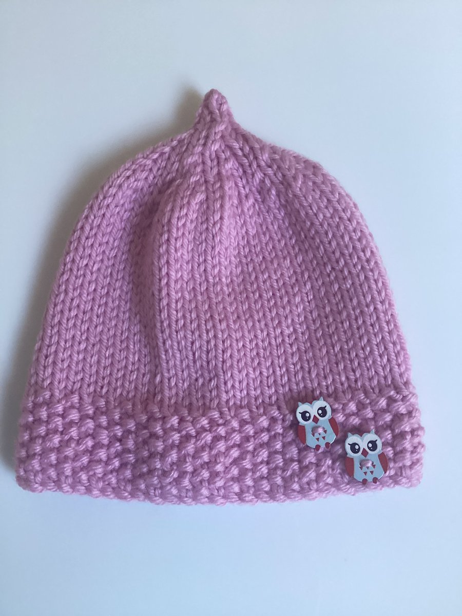 Baby hat pink hand knit 3-12 months