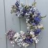 Dried Flower Crescent Moon Shape Wreath. Shades of Blue and Green. 