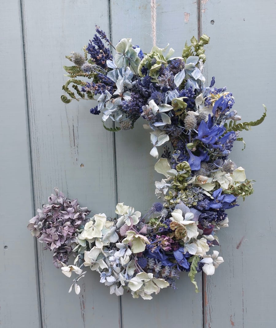 Dried Flower Crescent Moon Shape Wreath. Shades of Blue and Green. 