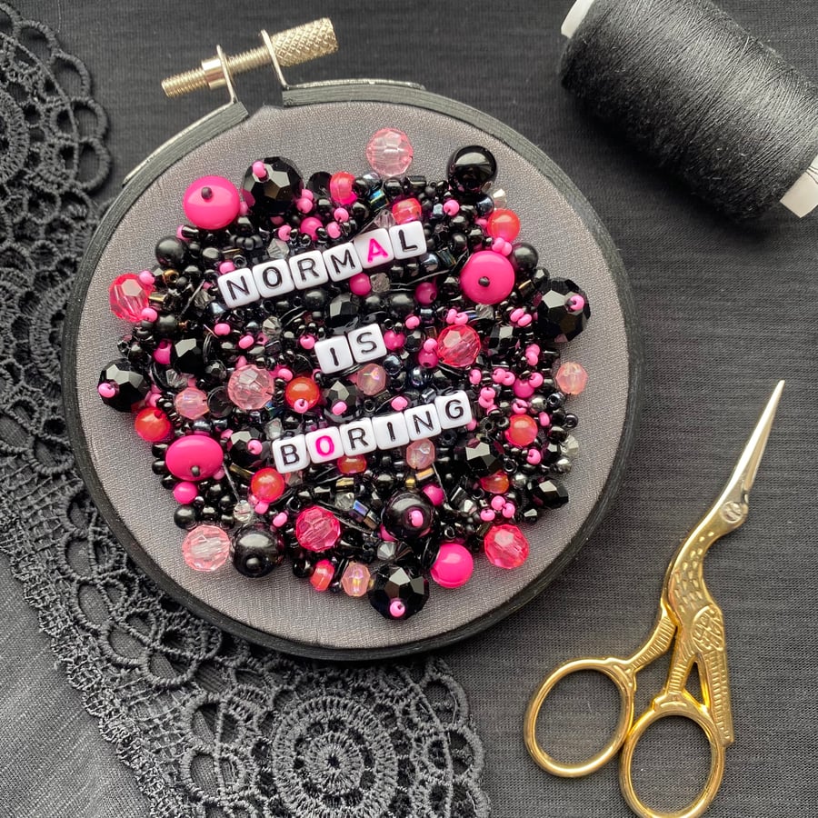 Black &  Pink  ‘Normal is Boring’ Beaded Hoop