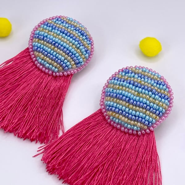 Multicoloured  pink, blue, yellow & violet embroidered tassel stud earrings