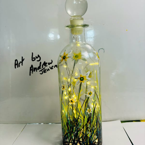 A hand painted and fired glass bottle with glass stopper by Andrew Jenkins 