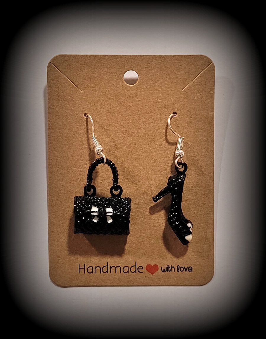 Black Resin Handbag & Shoe Charm Dangle Earrings on Silver Plated Earring Hooks