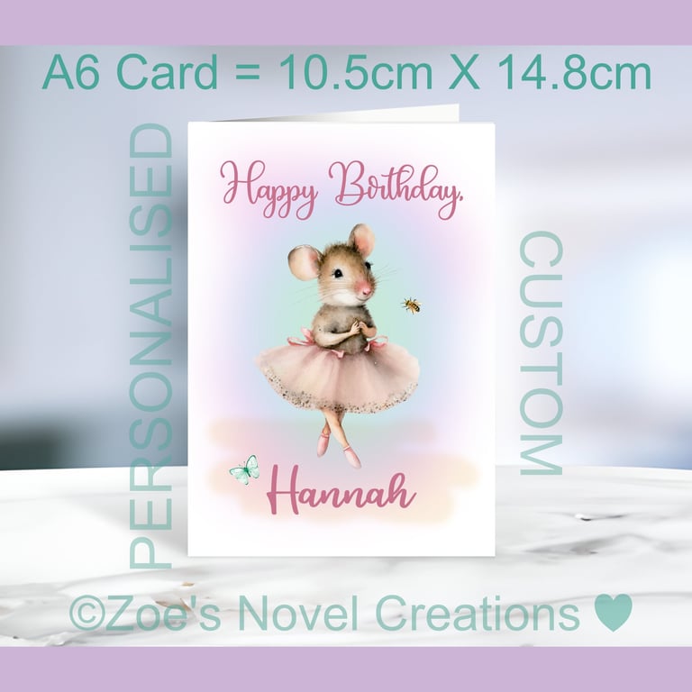 Birthday Mouse Ballerina Greetings Card, personalised, 10.5cm x 14.8cm