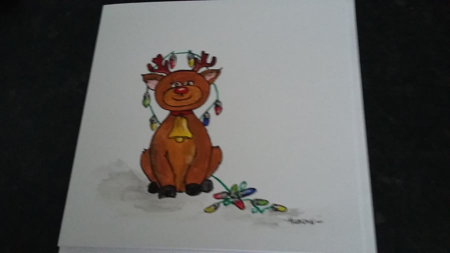 HAND PAINTED REINDEER CHRISTMAS CARD