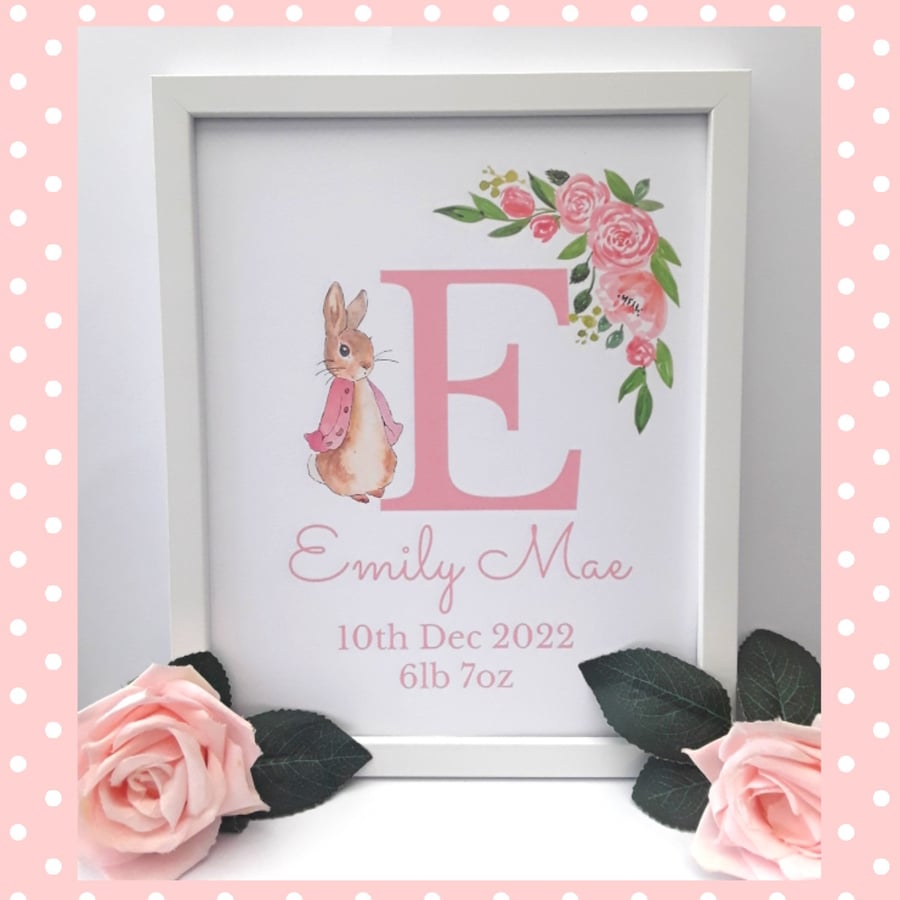 Personalised New Baby Frame,New Baby Gift, Flopsy Bunny Print,Flopsy Bunny Frame