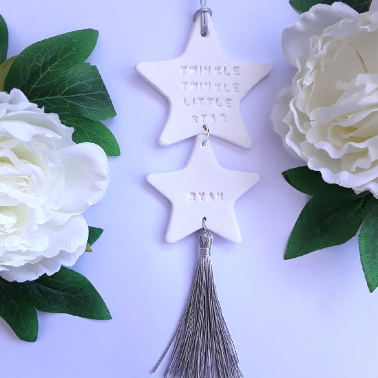 Personalised Clay Baby keepsake, new baby gift, clay hanging star, star nursery