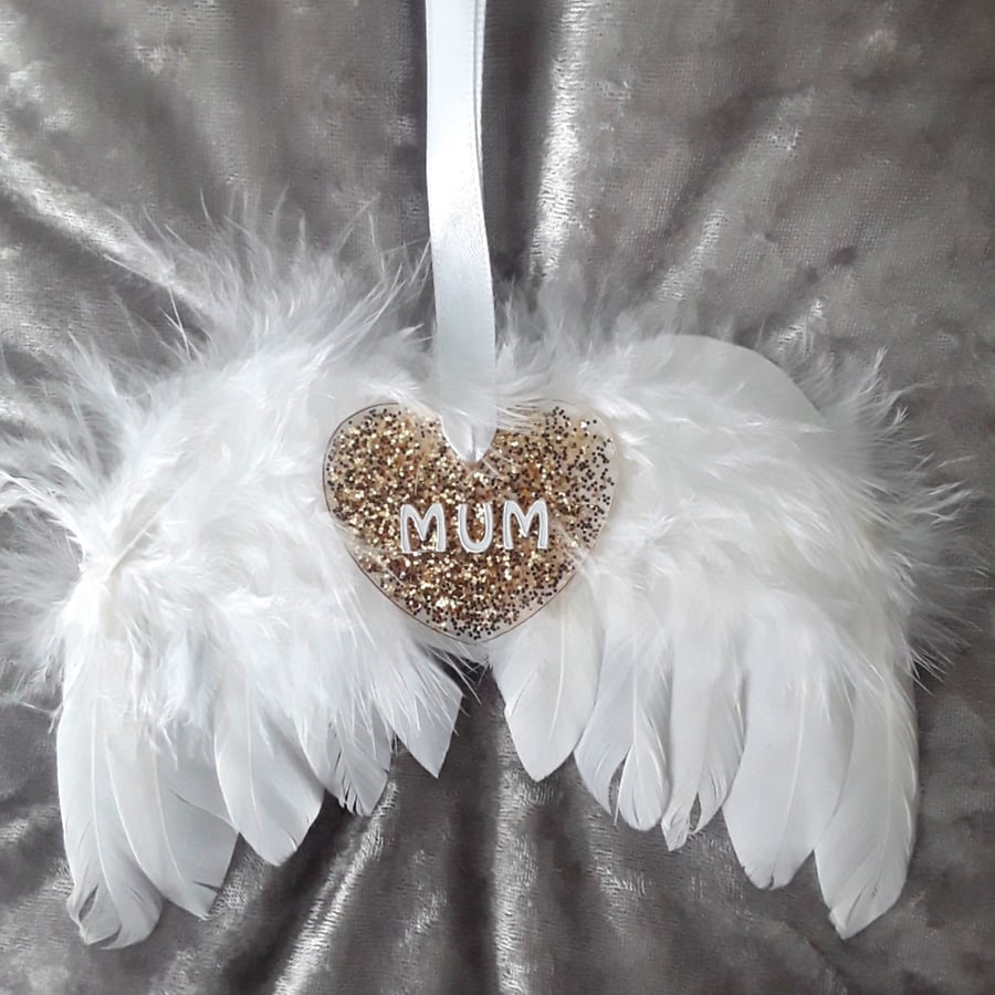 Personalised Glitter Hanging White Feather Angel Wings Tree Decoration