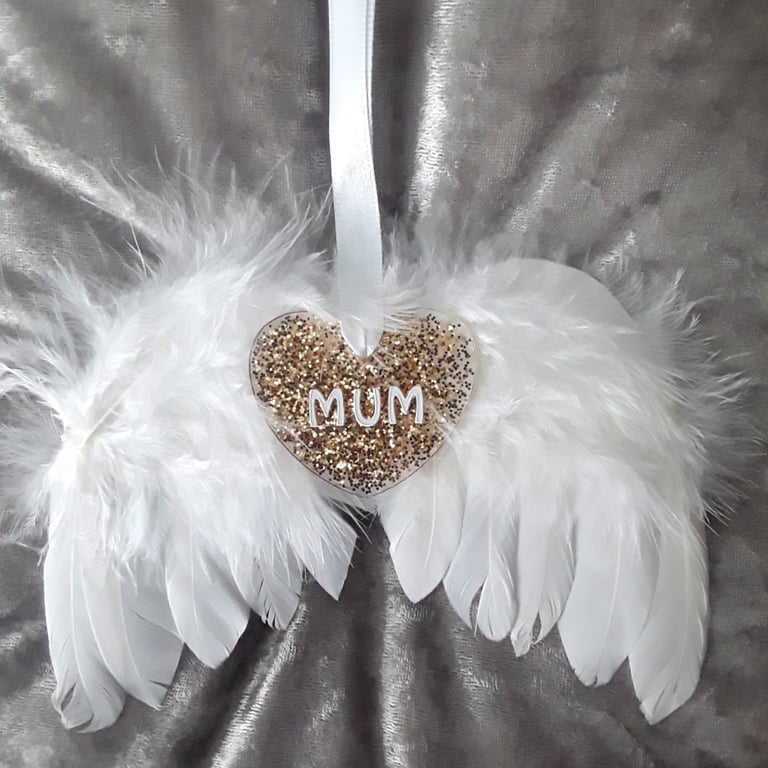Personalised Glitter Hanging White Feather Angel Wings Tree Decoration