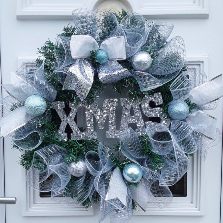 Silver Ice Blue Christmas Wreath, Wall Decor, Silver Ice Blue Door Wreath