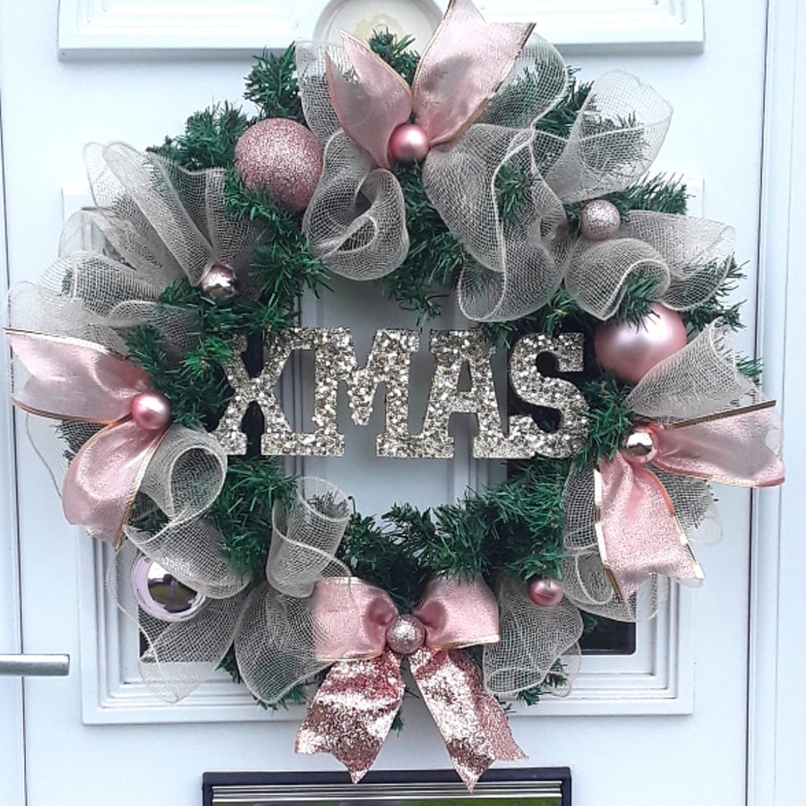 Rose Gold Christmas Wreath, Rose Gold Wall Decor, Rose Gold Door Wreath