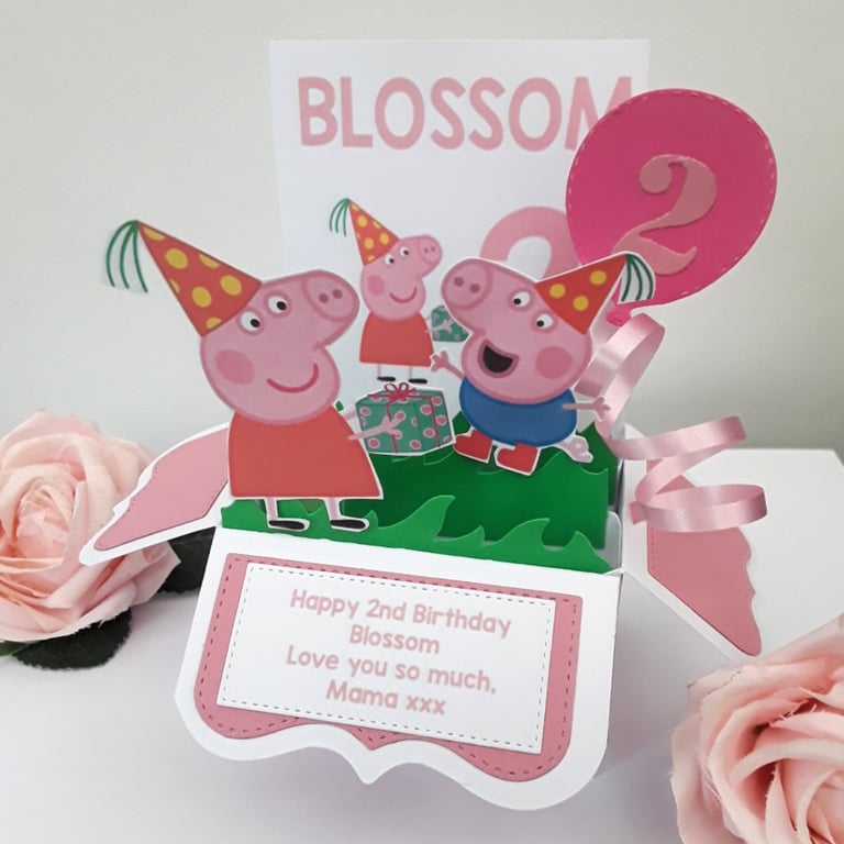 HANDMADE PERSONALISED PEPPA POP UP CARD BOX, PERSONALISED PEPPA CENTREPI