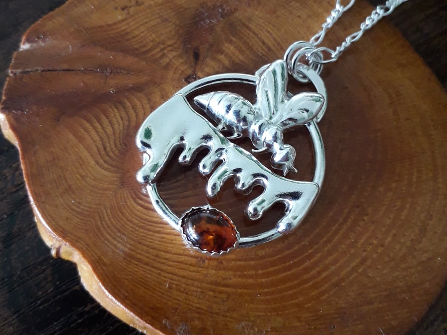 Runny Honey Bee Pendant with Amber and Silver