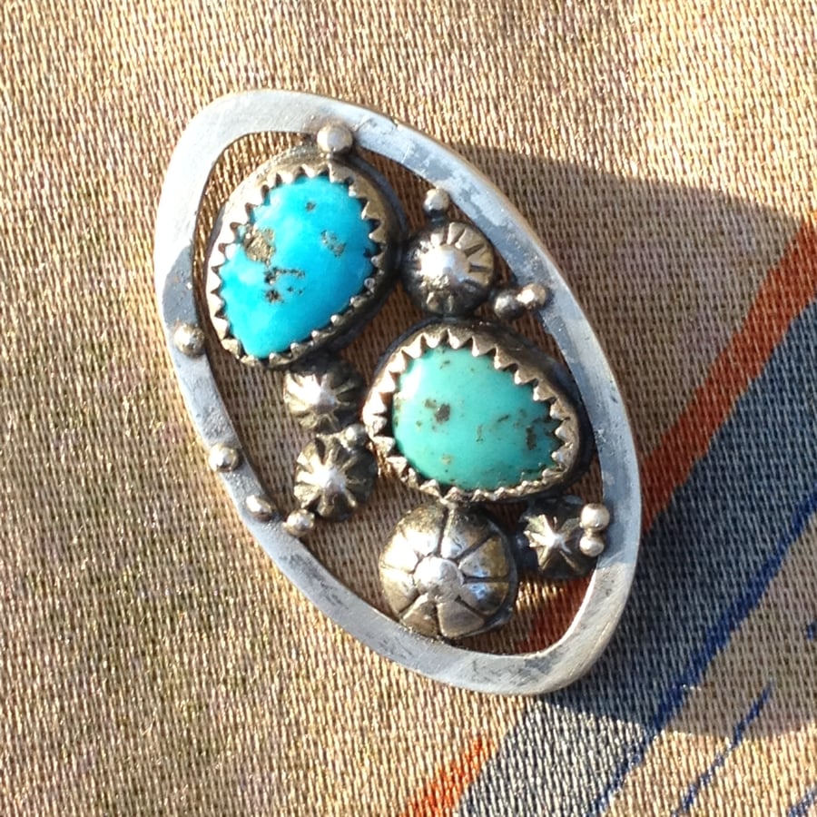 Silver and Turquoise open work brooch