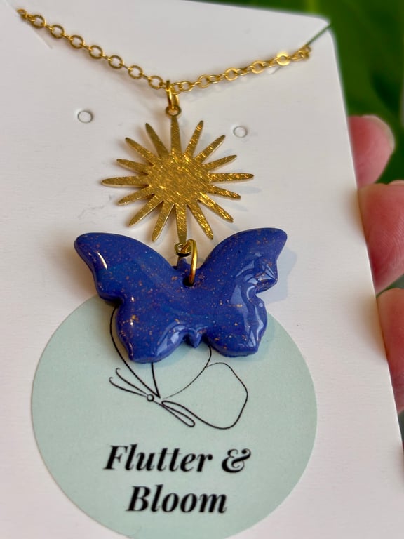 Twilight Bloom – Purple Butterfly & Sunburst Necklace