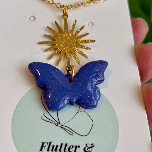 Twilight Bloom – Purple Butterfly & Sunburst Necklace