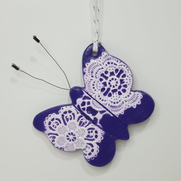 Purple butterfly clay hanging decoration with a lace design, gift for her