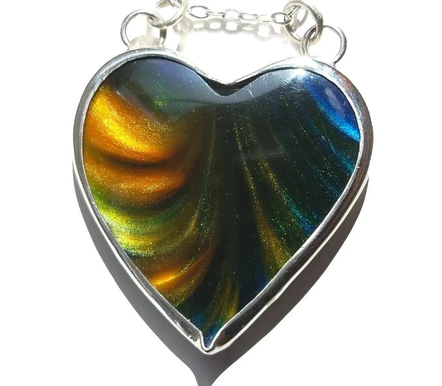 Surfite Heart Necklace Sterling Silver Blue & Yellow Pearlescent Handmade